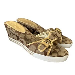 Coach Signature Brown and Gold Wedge Sandals